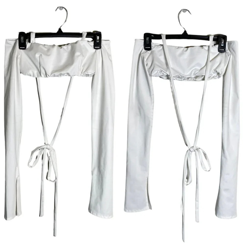 Edikted Flare Sleeve Cropped Halter Top Womens Small White Long Sleeve Going Out